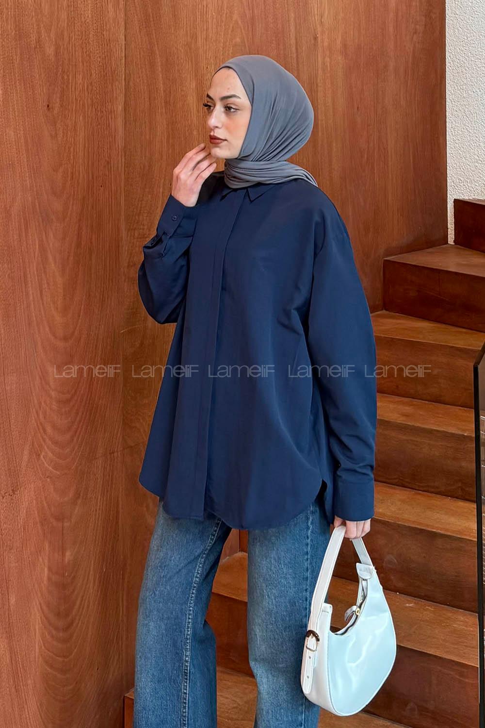 Lamelif Gizli Düğme Kapamalı Oversize Tesettür Gömlek Lacivert