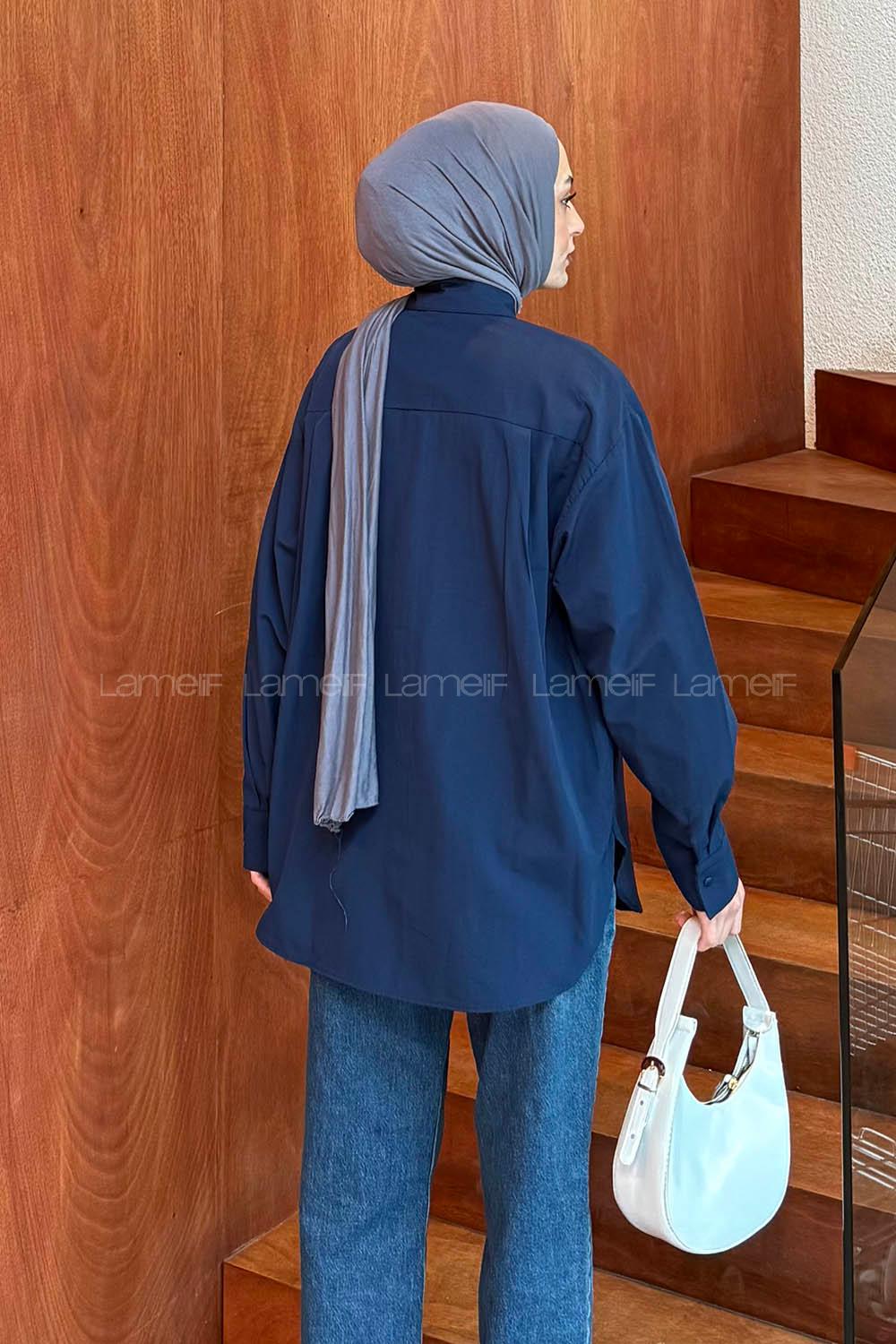 Lamelif Gizli Düğme Kapamalı Oversize Tesettür Gömlek Lacivert