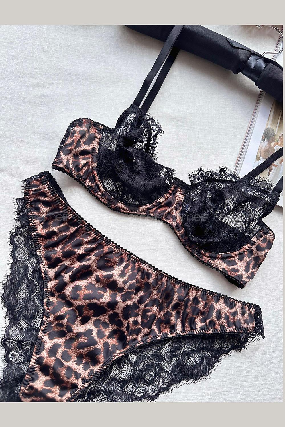 Lamelif Bralet Leopar Dantelli  Saten Takım Desteksiz