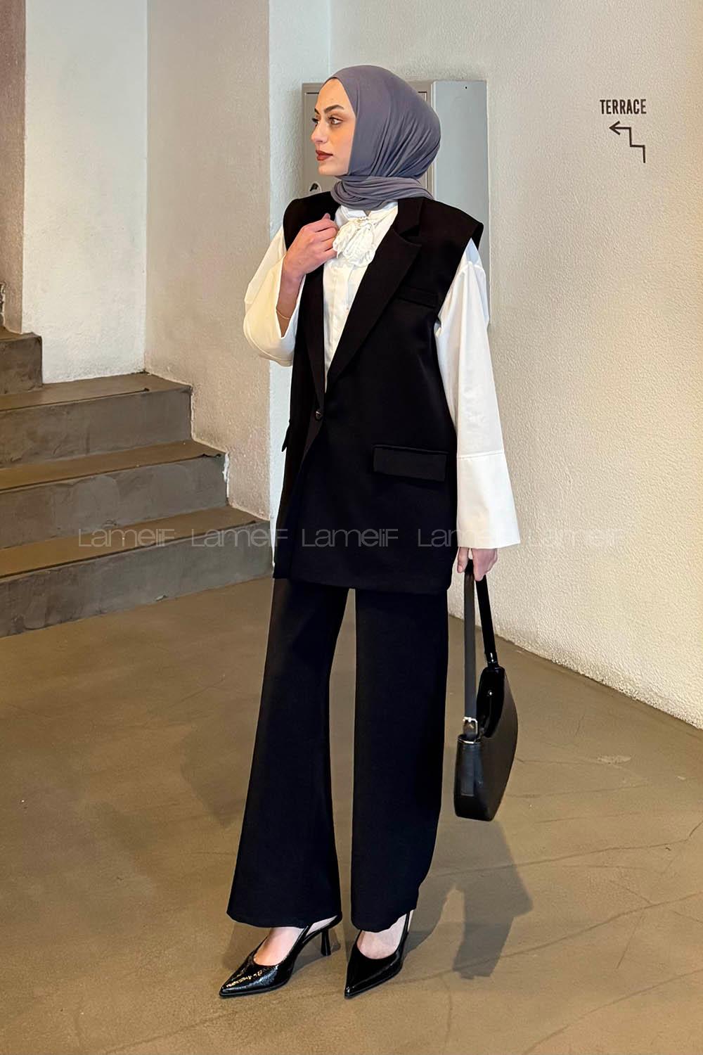 Lamelif Cep Detaylı Yelek Pantolon İkili Tesettür Takım Siyah