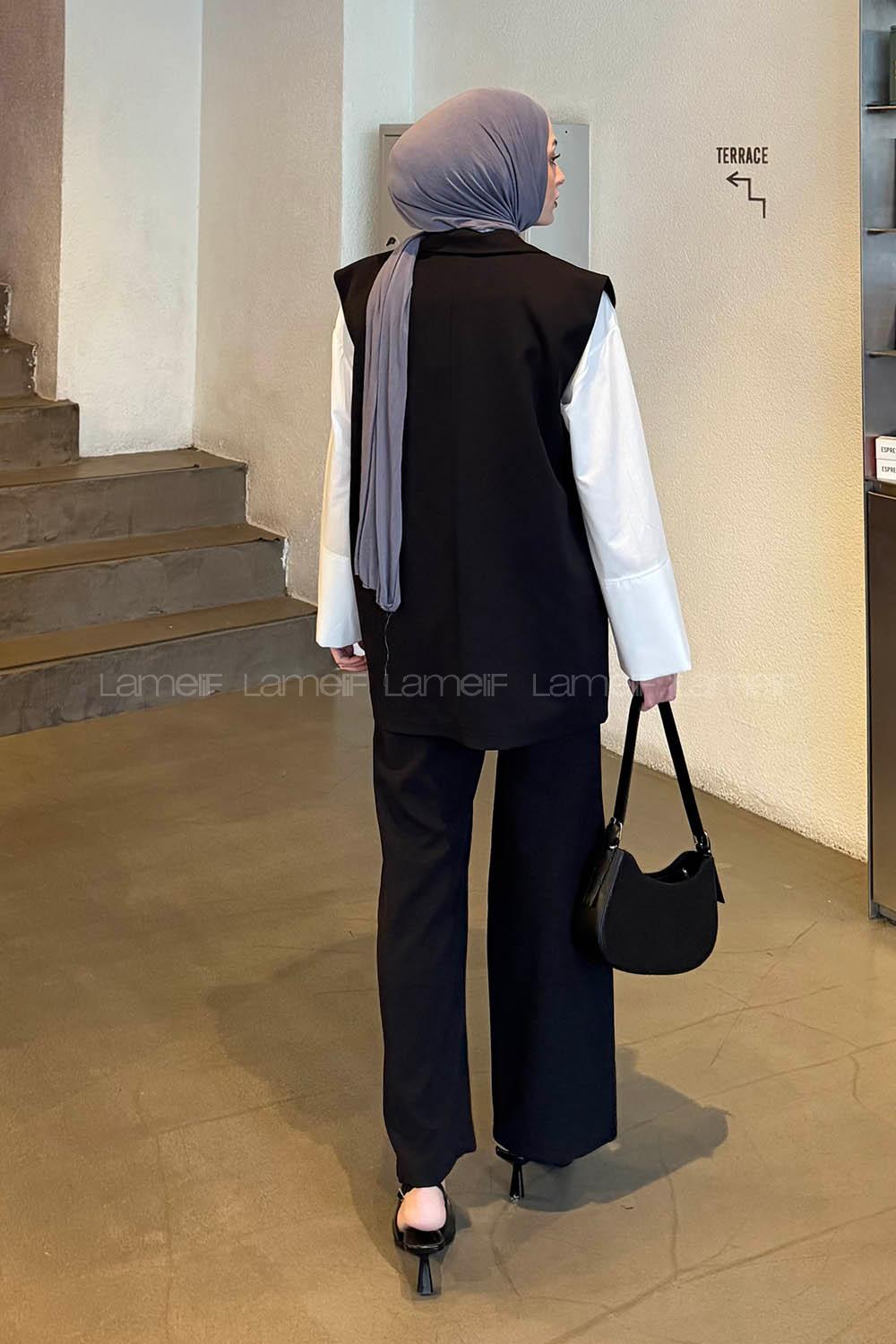 Lamelif Cep Detaylı Yelek Pantolon İkili Tesettür Takım Siyah