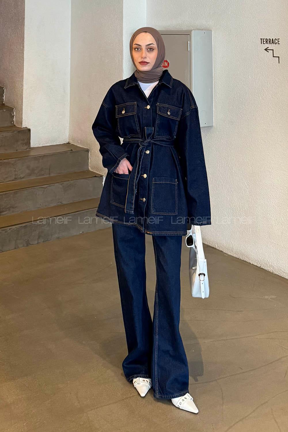 Lamelif Denim Ceket-Pantolon İkili Takım Kot Mavisi