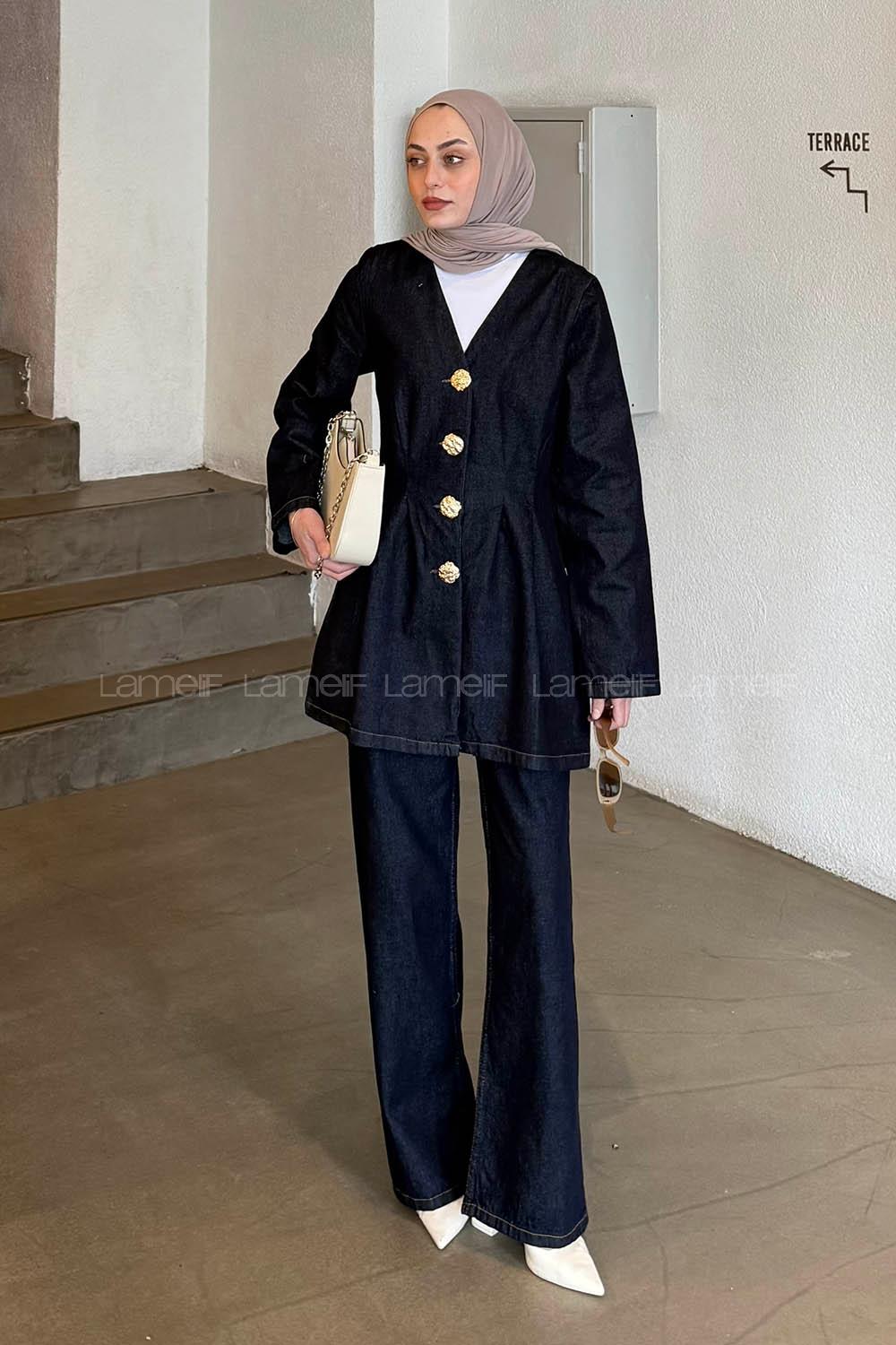 Lamelif Gold Düğmeli Kot Ceket Takım Koyu Mavi