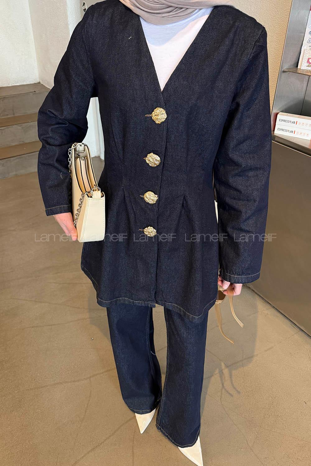Lamelif Gold Düğmeli Kot Ceket Takım Koyu Mavi