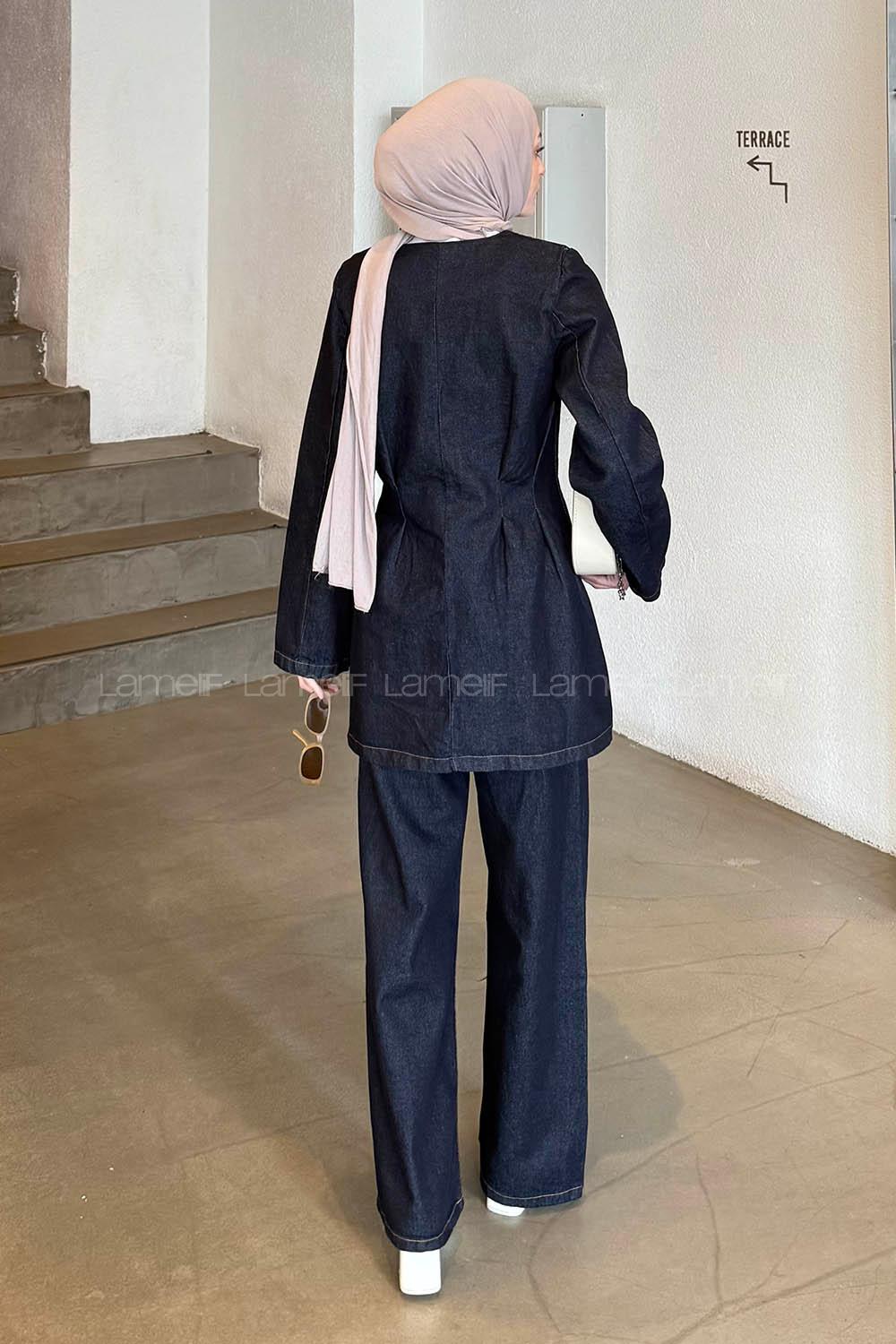 Lamelif Gold Düğmeli Kot Ceket Takım Koyu Mavi