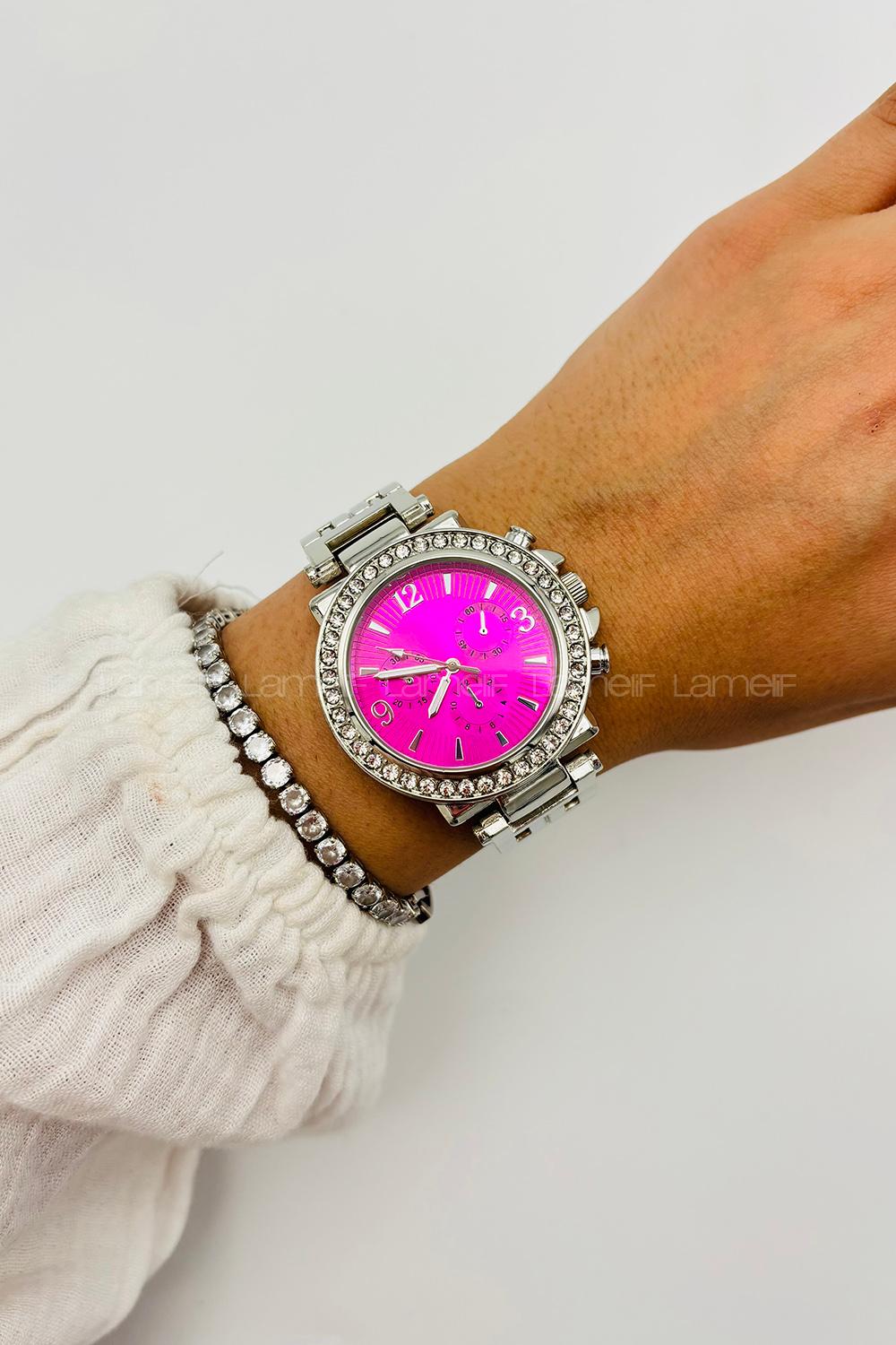 Lamelif Gümüş Metal Kordon Pembe Ekartman Taş Detaylı Kol Saati