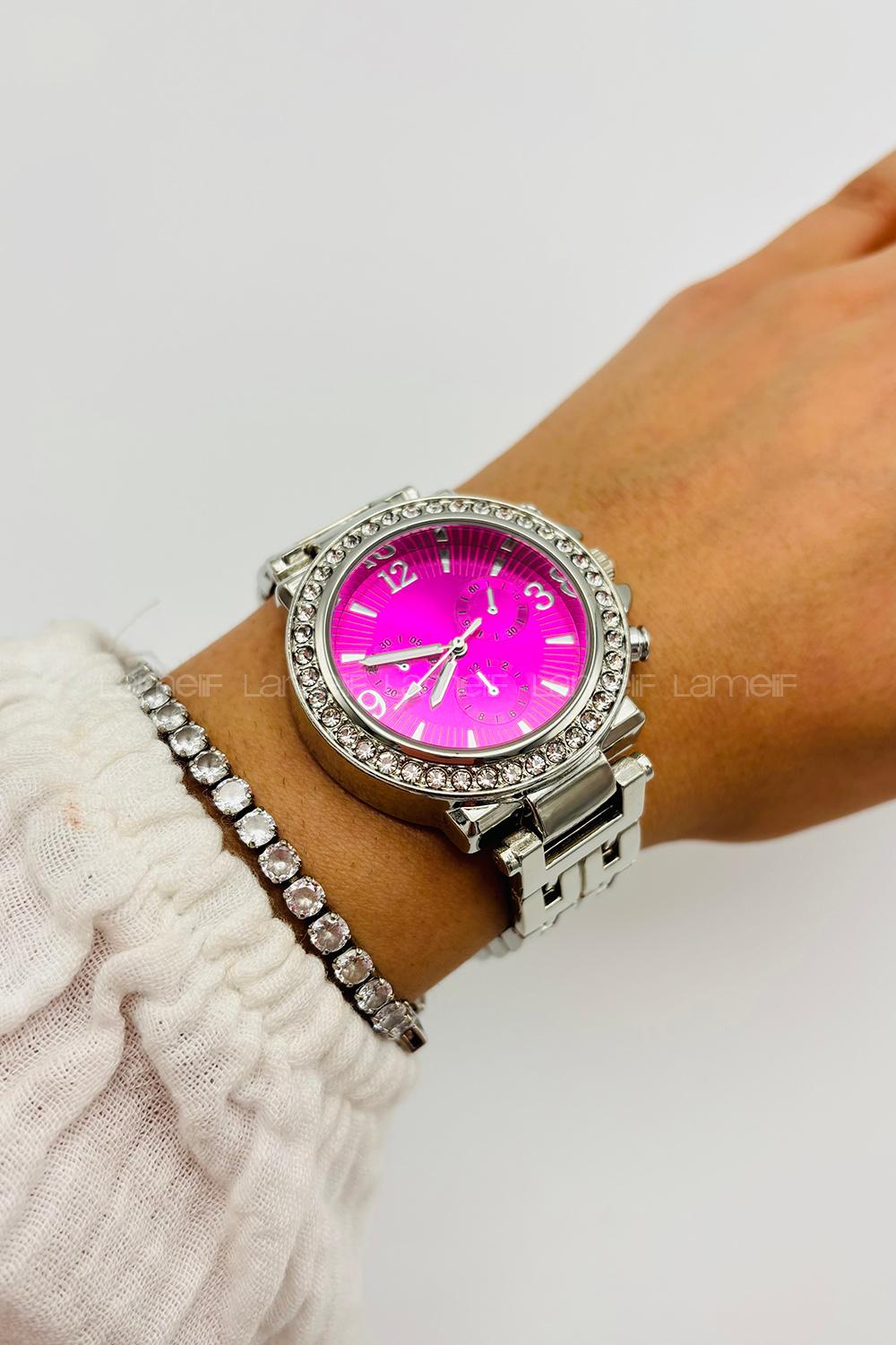 Lamelif Gümüş Metal Kordon Pembe Ekartman Taş Detaylı Kol Saati