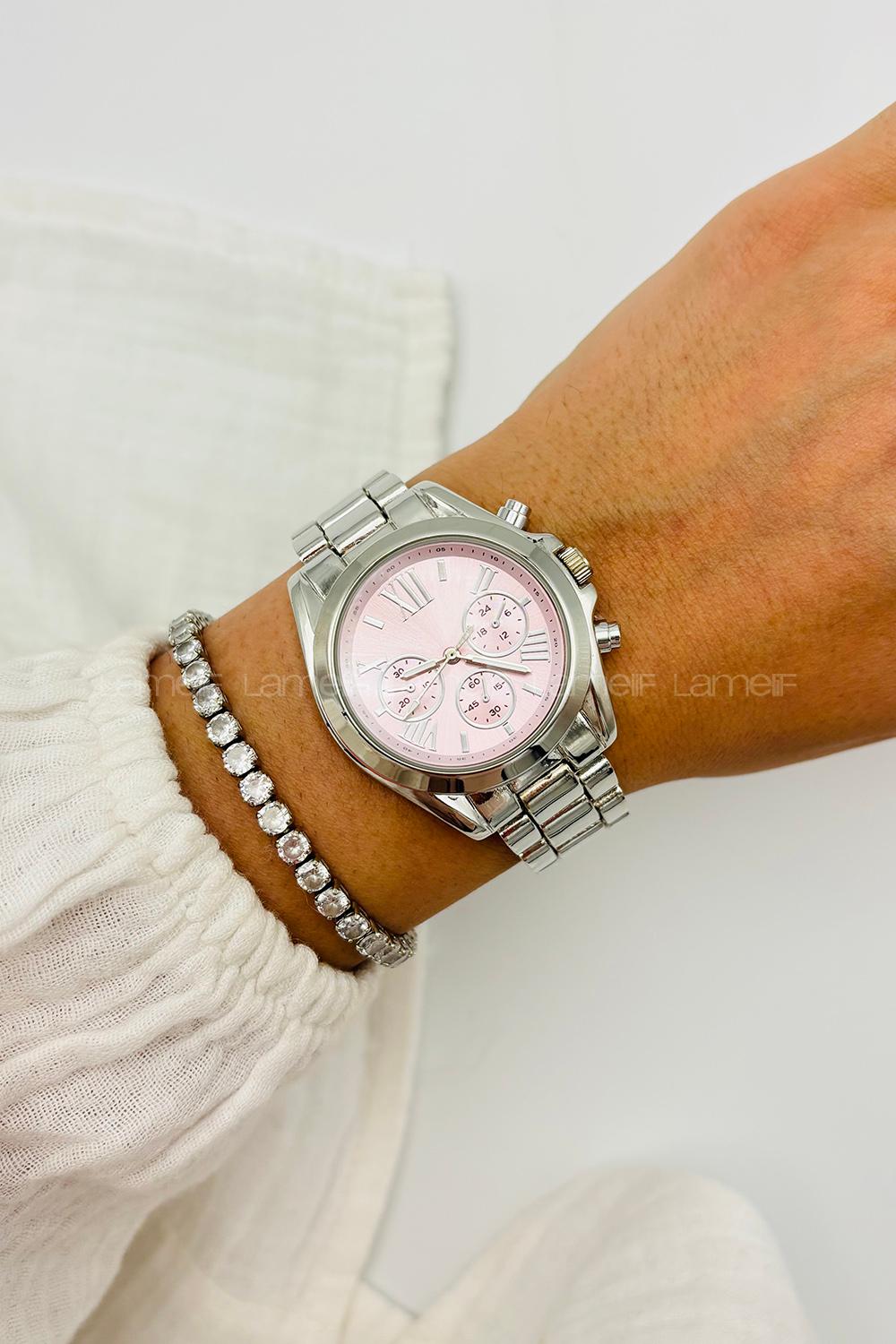 Lamelif Gümüş Pembe Ekartman Metal Kordon Kol Saati