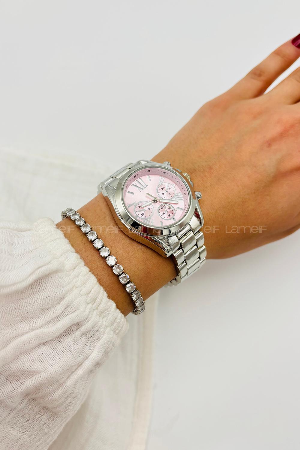 Lamelif Gümüş Pembe Ekartman Metal Kordon Kol Saati
