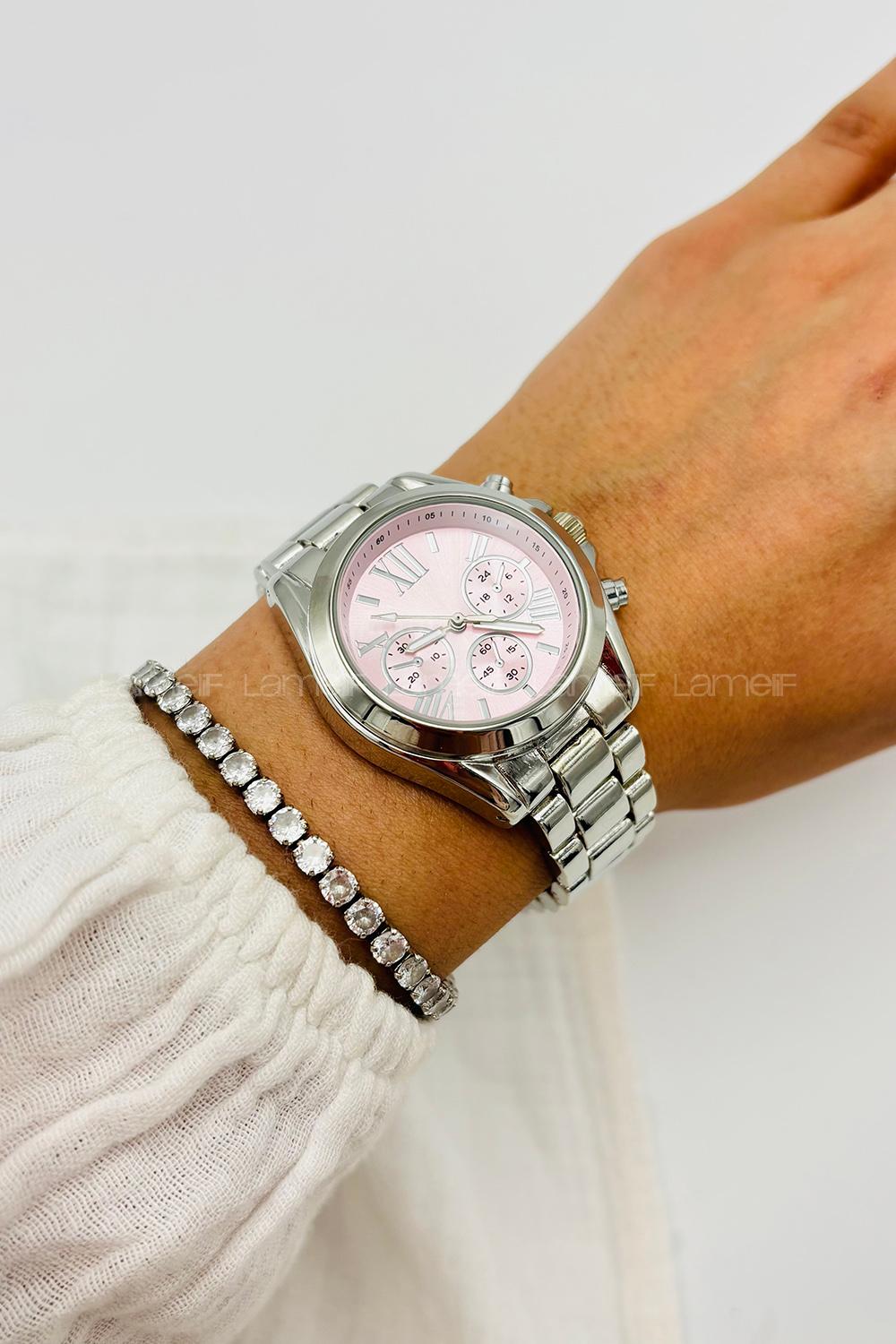 Lamelif Gümüş Pembe Ekartman Metal Kordon Kol Saati