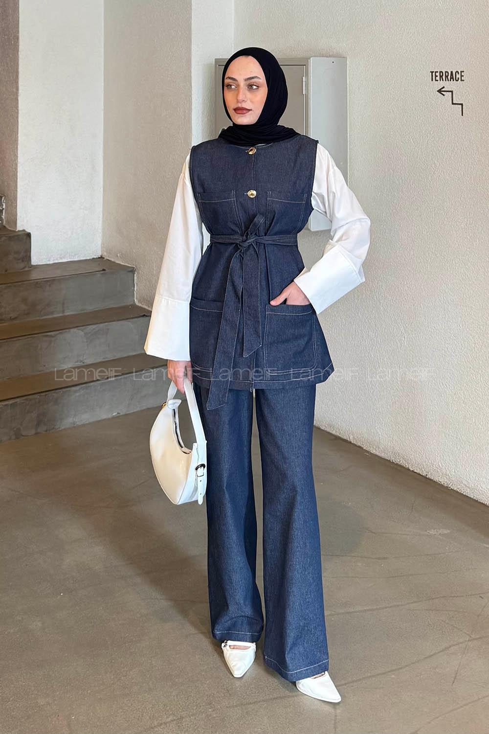 Lamelif Kot Pantolon-Tunik İkili Tesettür Takım Kot Mavisi