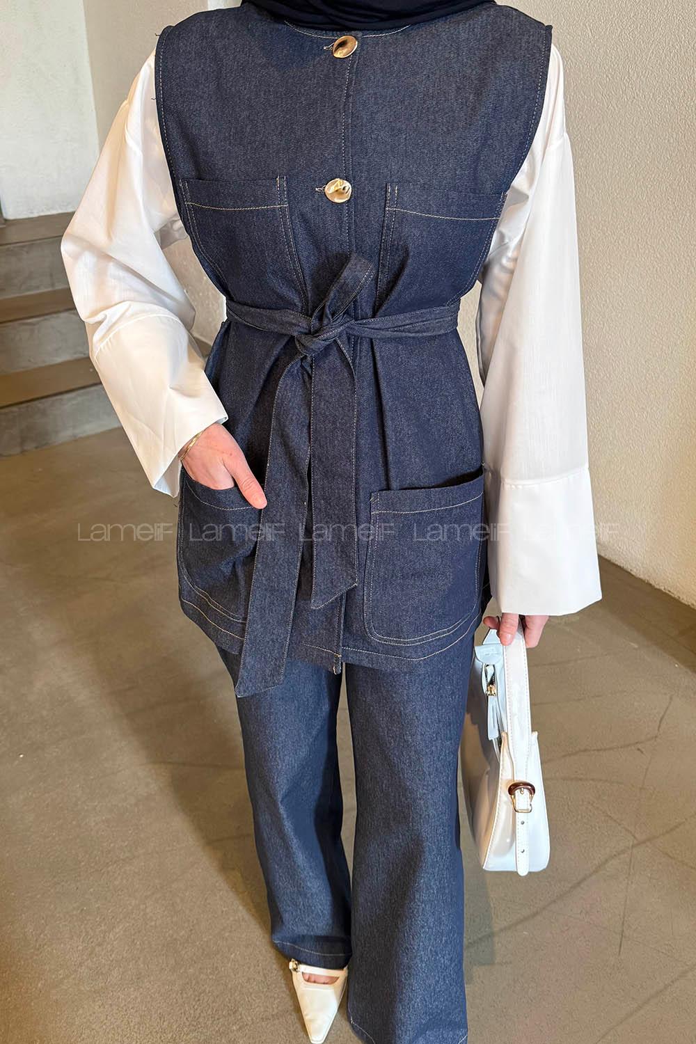 Lamelif Kot Pantolon-Tunik İkili Tesettür Takım Kot Mavisi