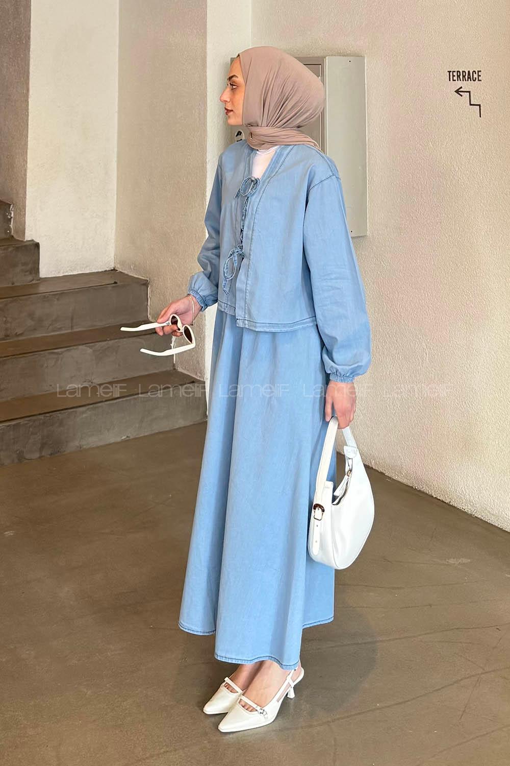 Lamelif Lamelif Ön Fiyonk Bağlamalı Kolları Lastikli Bluz İkili Tesettür Takım Mavi