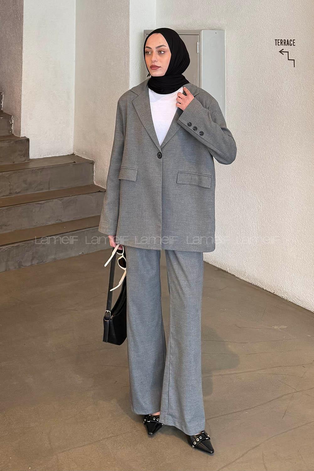 Lamelif Maskülen Kapak Cep Detaylı Blazer Ceket Pantolon İkili Takım Antrasit