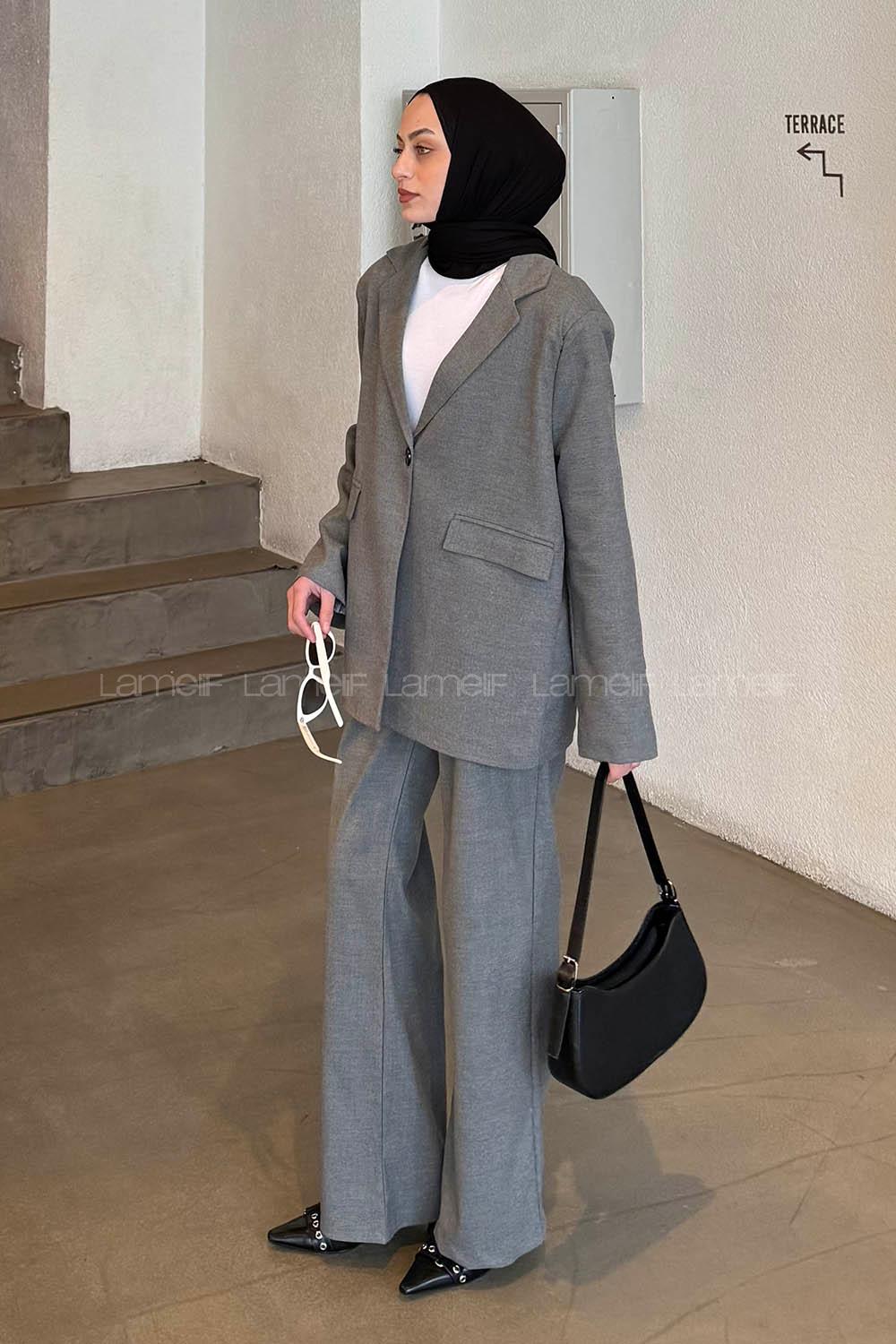 Lamelif Maskülen Kapak Cep Detaylı Blazer Ceket Pantolon İkili Takım Antrasit