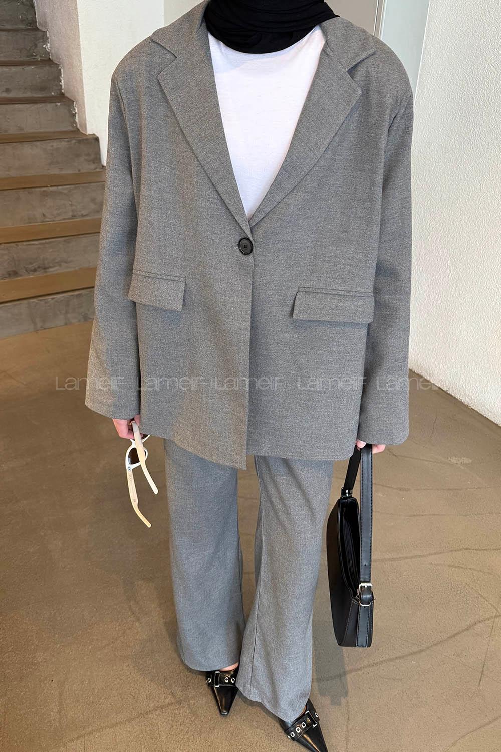 Lamelif Maskülen Kapak Cep Detaylı Blazer Ceket Pantolon İkili Takım Antrasit