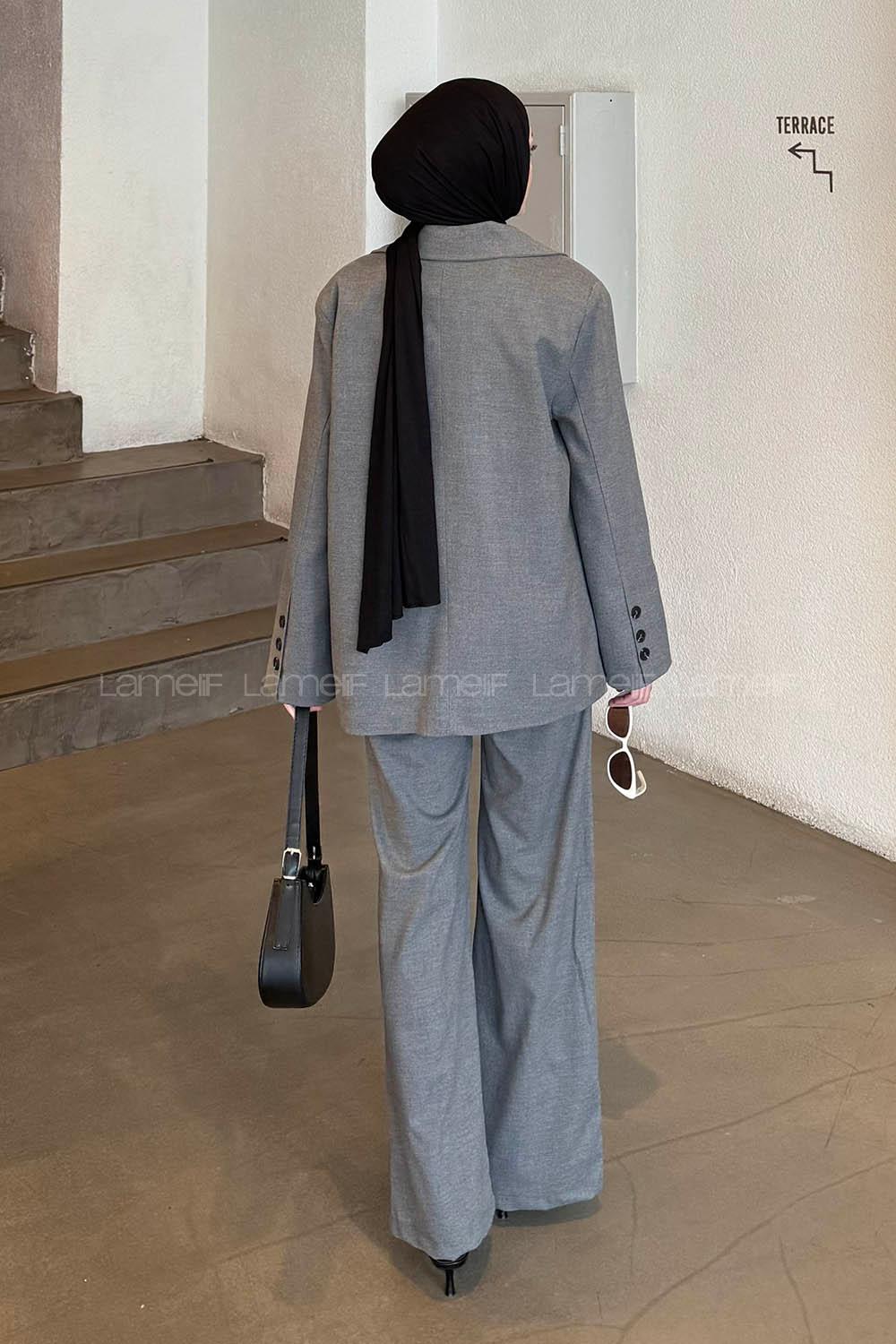 Lamelif Maskülen Kapak Cep Detaylı Blazer Ceket Pantolon İkili Takım Antrasit