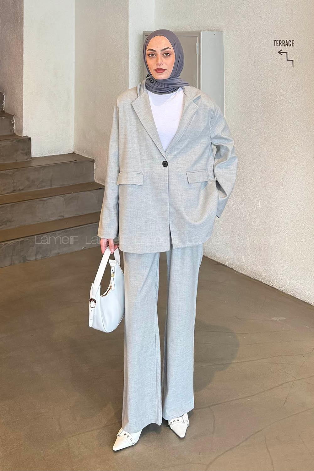 Lamelif Maskülen Kapak Cep Detaylı Blazer Ceket Pantolon İkili Takım Gri