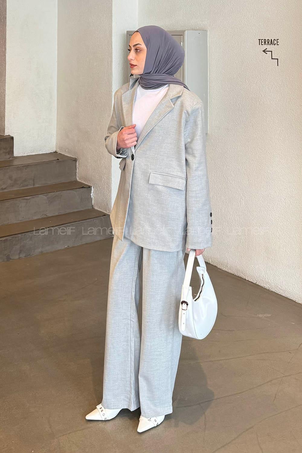 Lamelif Maskülen Kapak Cep Detaylı Blazer Ceket Pantolon İkili Takım Gri