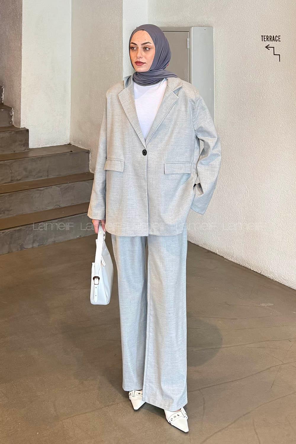 Lamelif Maskülen Kapak Cep Detaylı Blazer Ceket Pantolon İkili Takım Gri