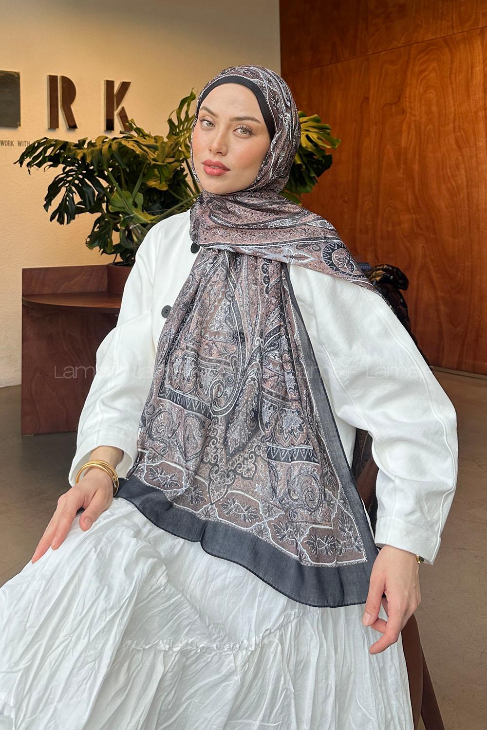 Lamelif Retro Desen Pamuk Şal Soft Kahve