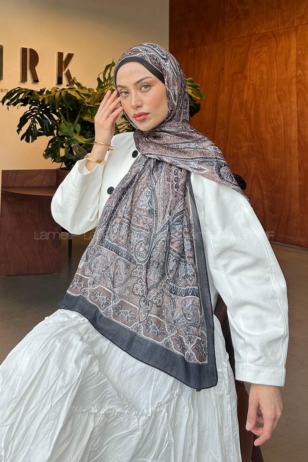 Lamelif Retro Desen Pamuk Şal Soft Kahve