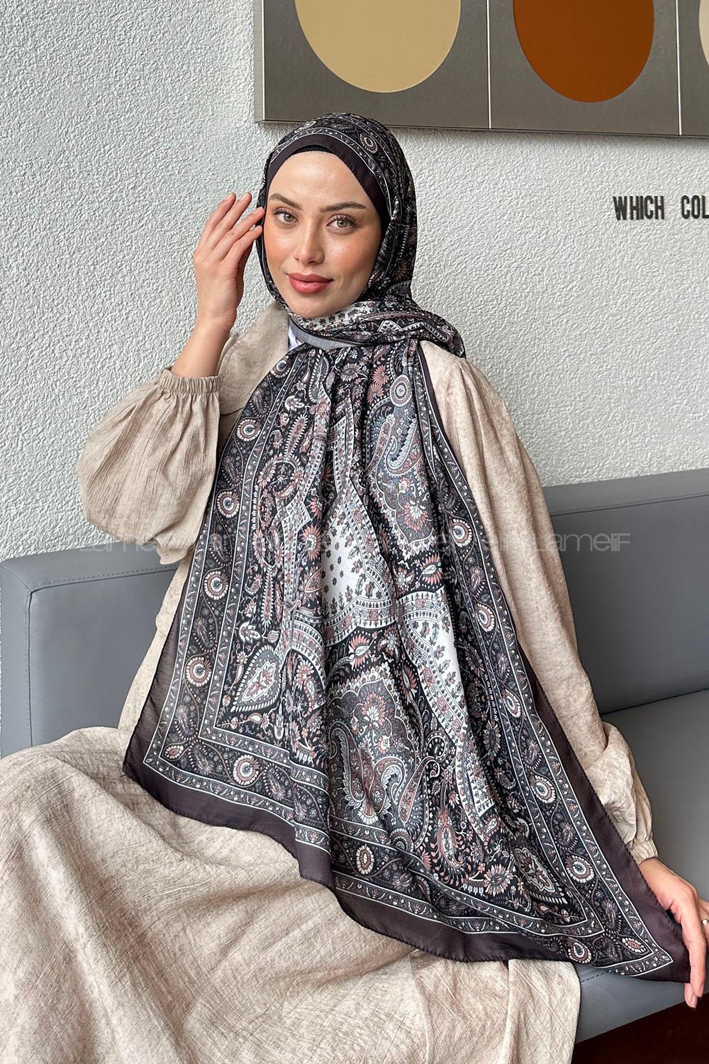 Lamelif Retro Desen Soft Şal Antrasit Pudra