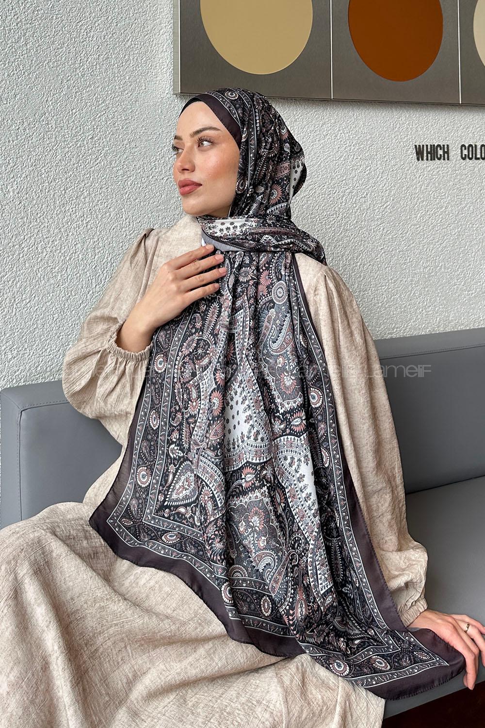 Lamelif Retro Desen Soft Şal Antrasit Pudra