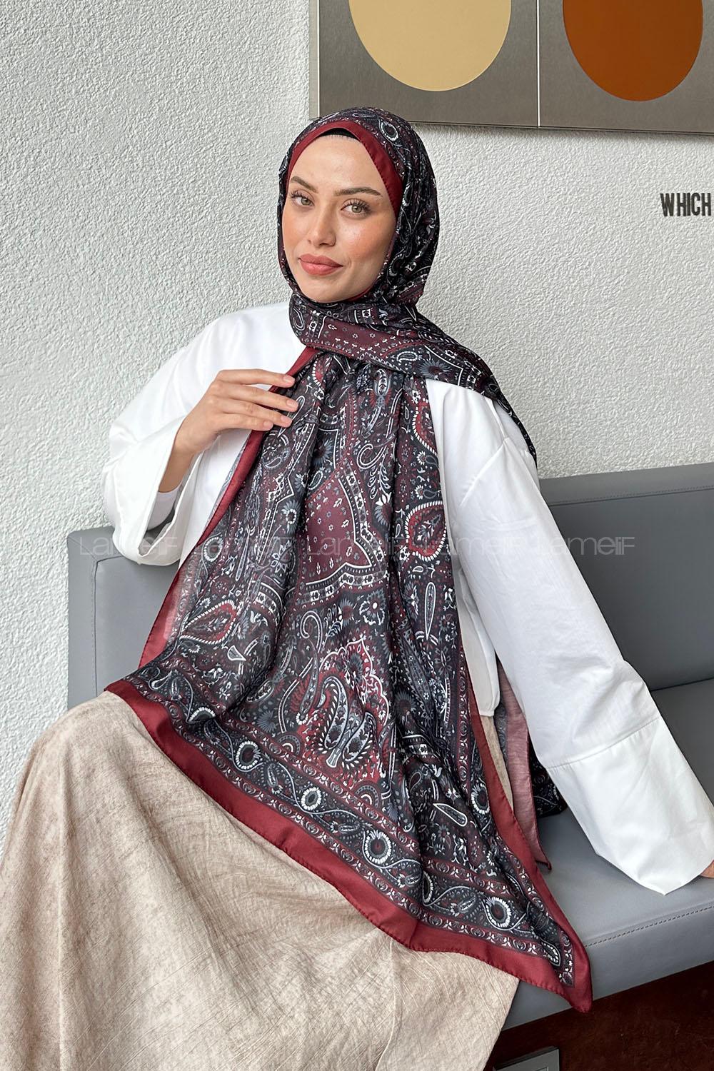 Lamelif Retro Desen Soft Şal Bordo Siyah