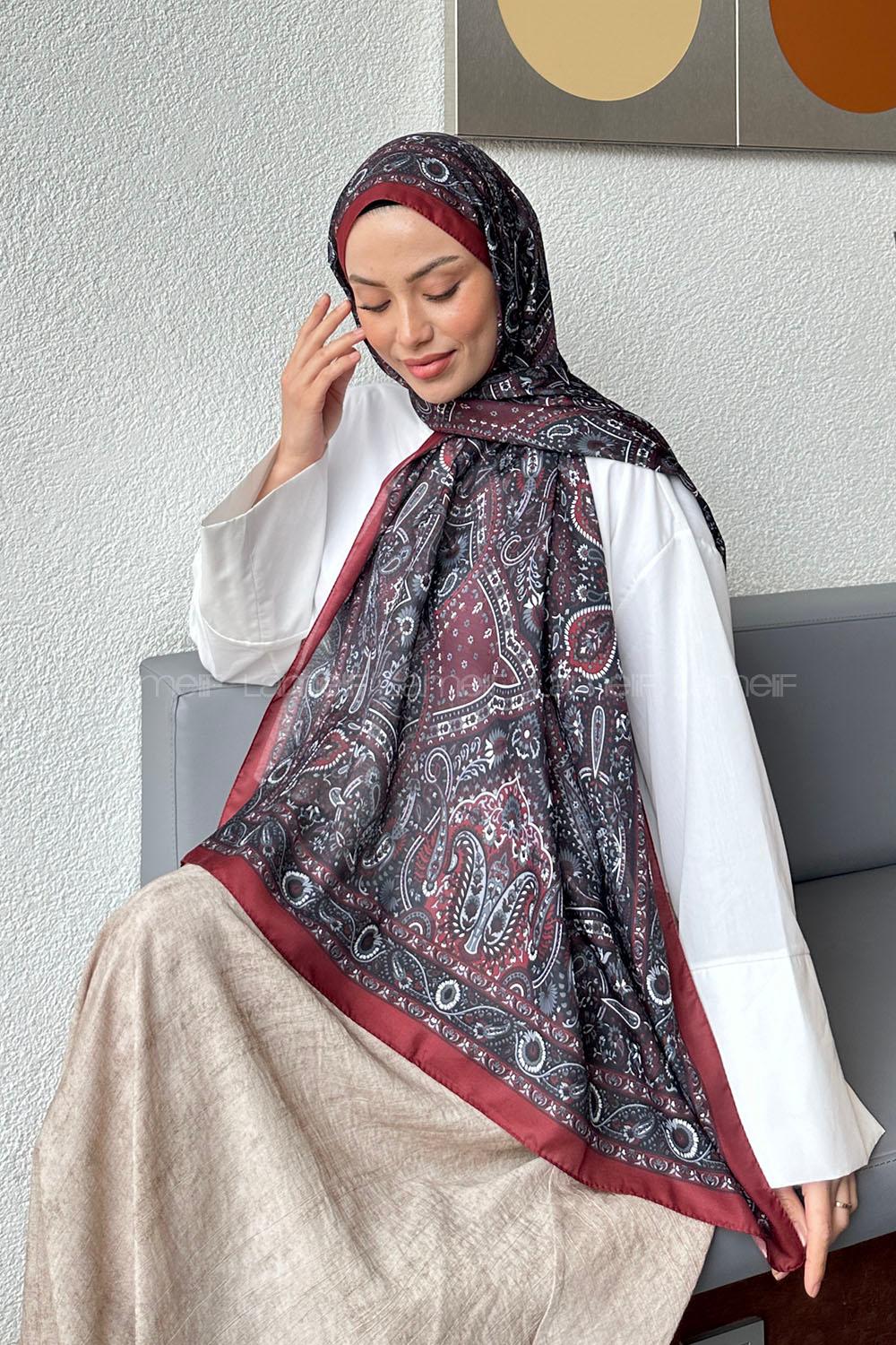 Lamelif Retro Desen Soft Şal Bordo Siyah