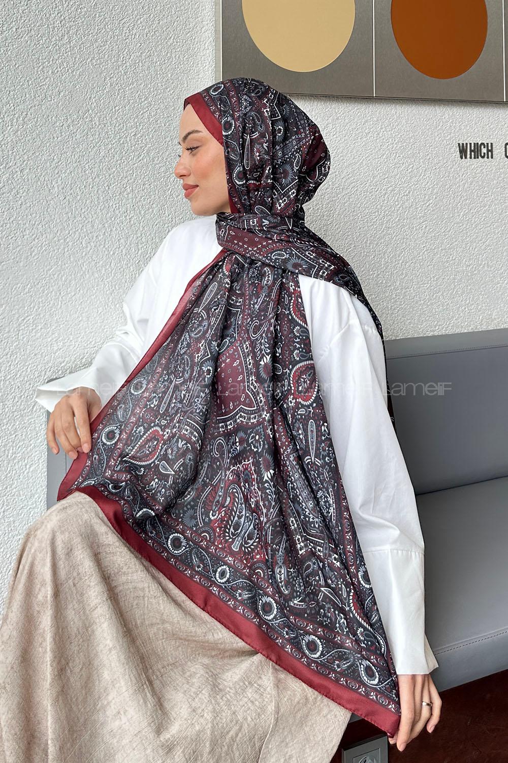 Lamelif Retro Desen Soft Şal Bordo Siyah