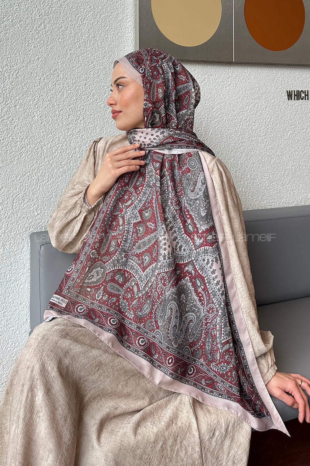 Lamelif Retro Desen Soft Şal Bordo Vizon