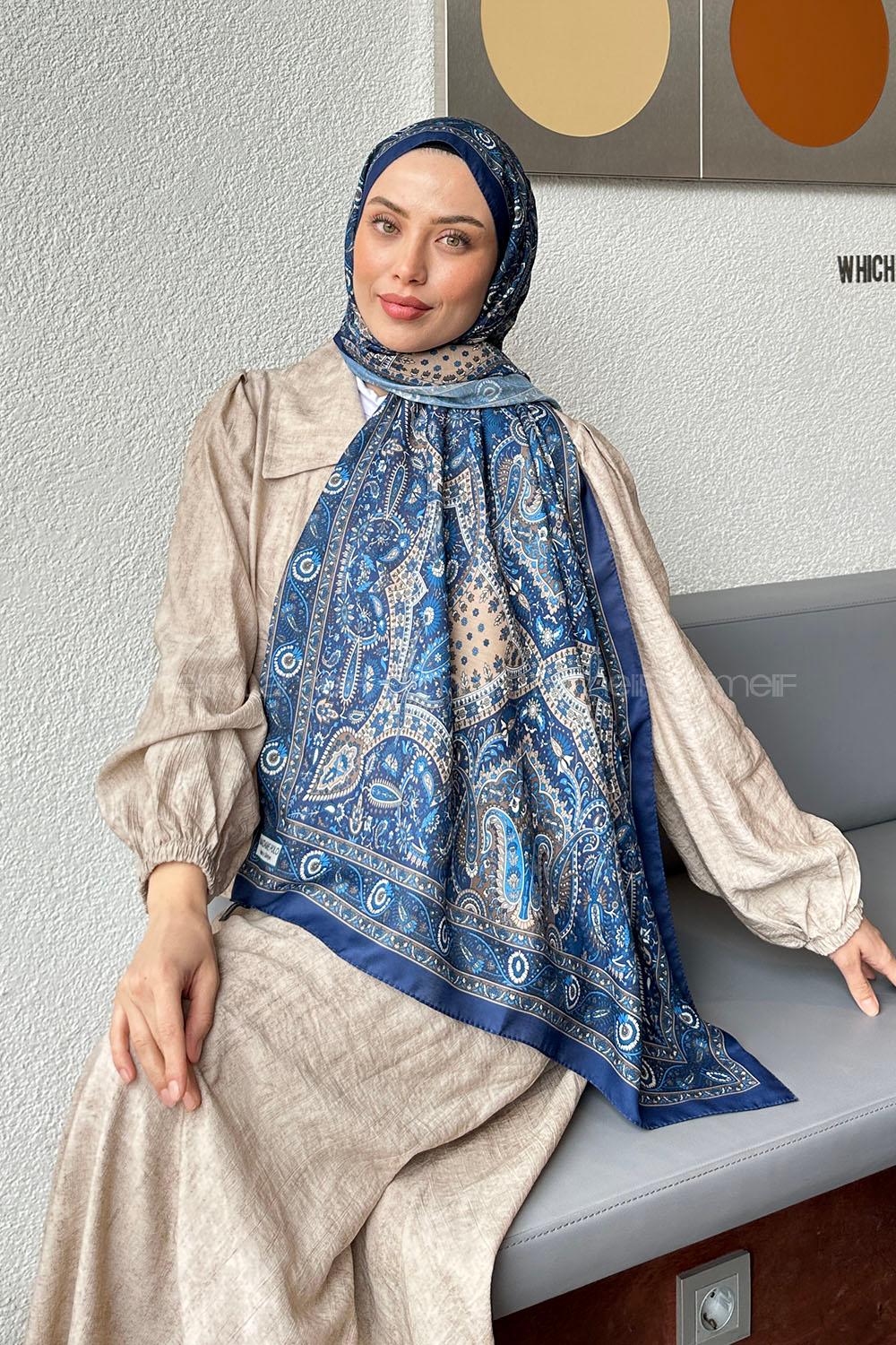 Lamelif Retro Desen Soft Şal Gece Mavisi