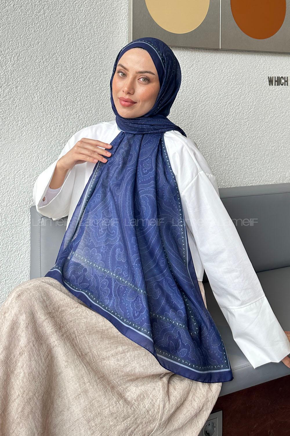 Lamelif Retro Desen Soft Şal Gece Mavisi