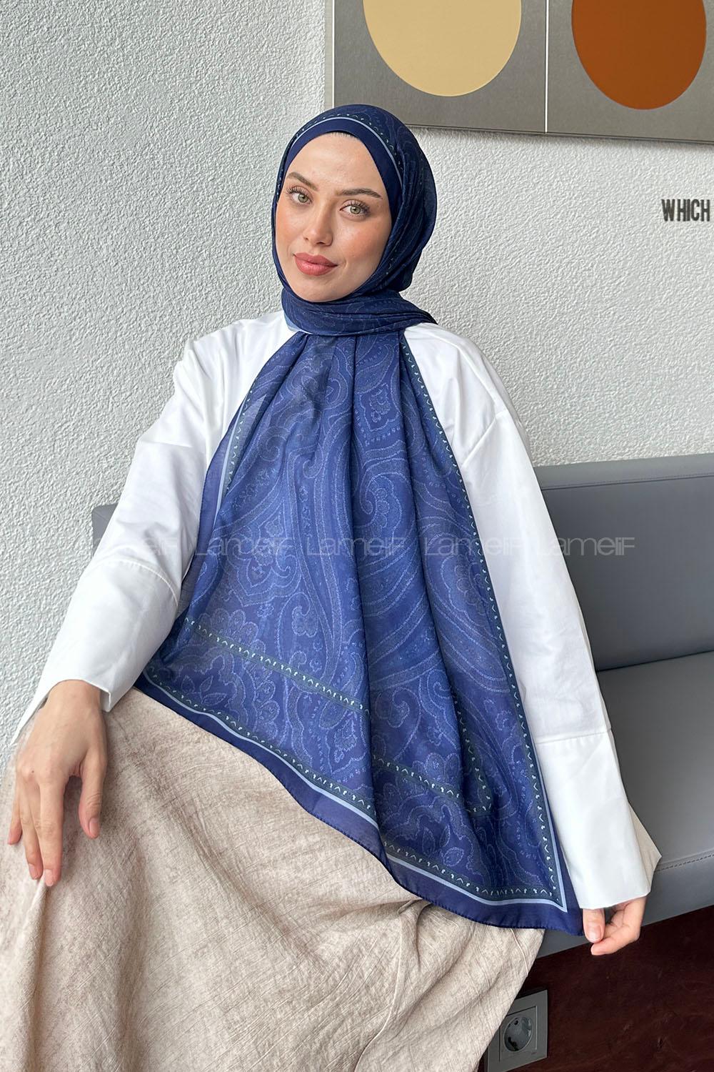 Lamelif Retro Desen Soft Şal Gece Mavisi