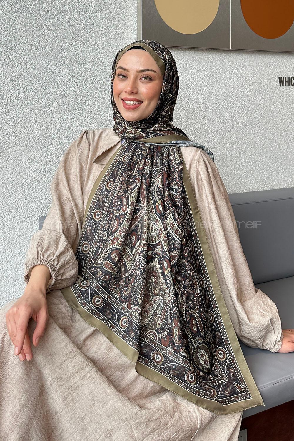 Lamelif Retro Desen Soft Şal Haki