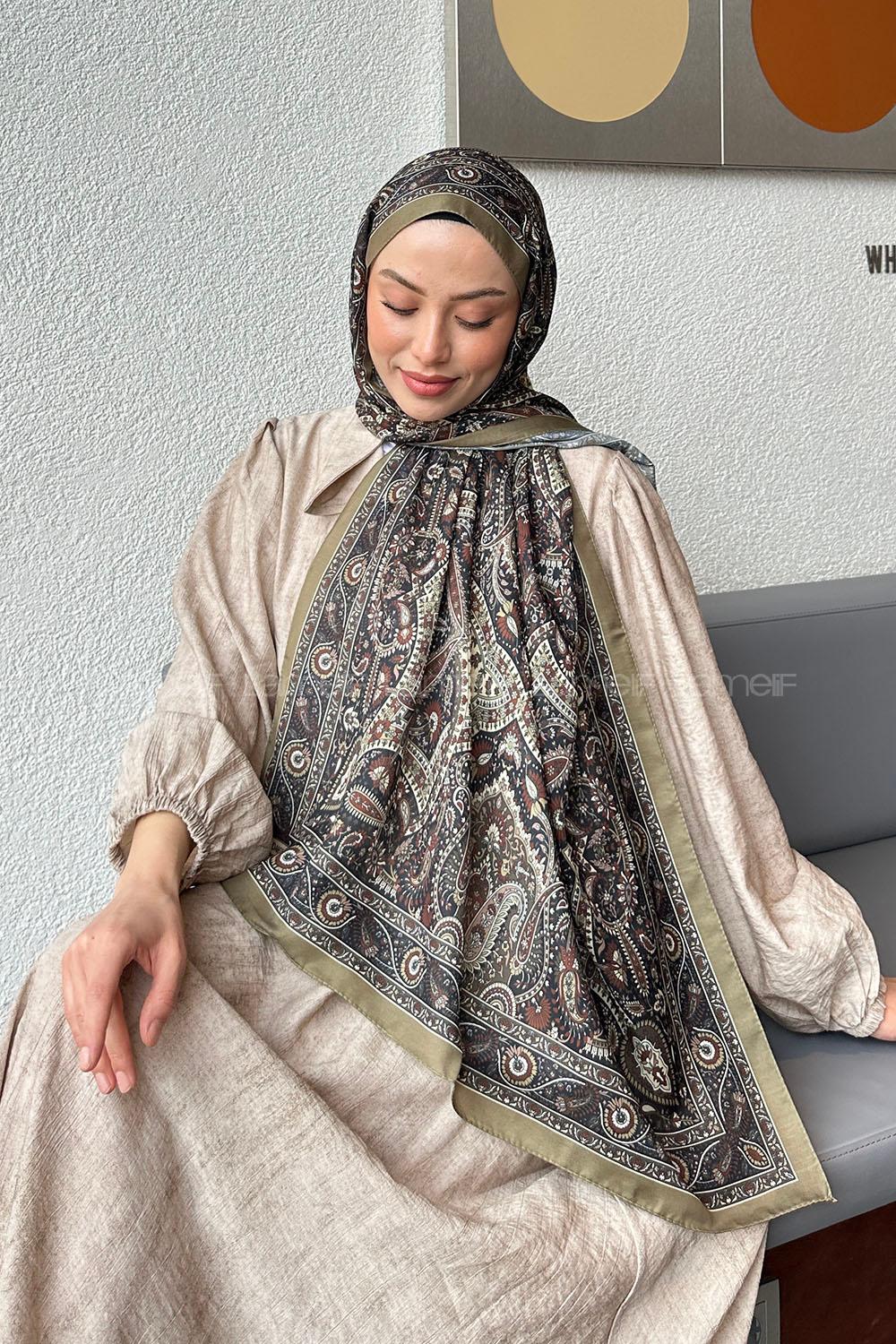 Lamelif Retro Desen Soft Şal Haki