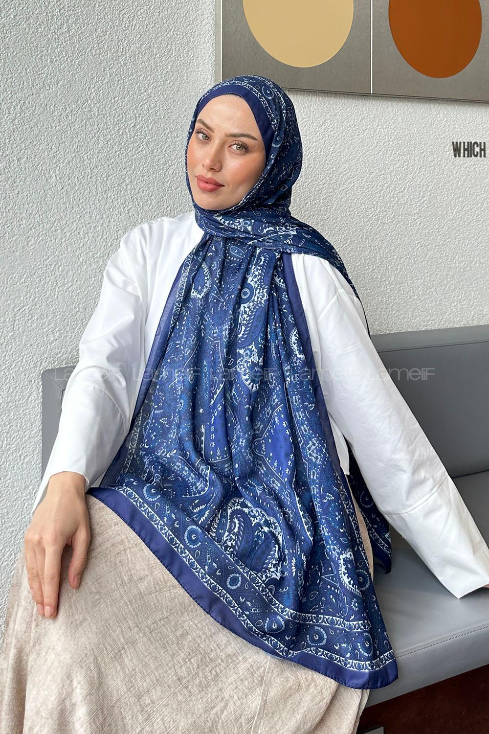 Lamelif Retro Desen Soft Şal İndigo