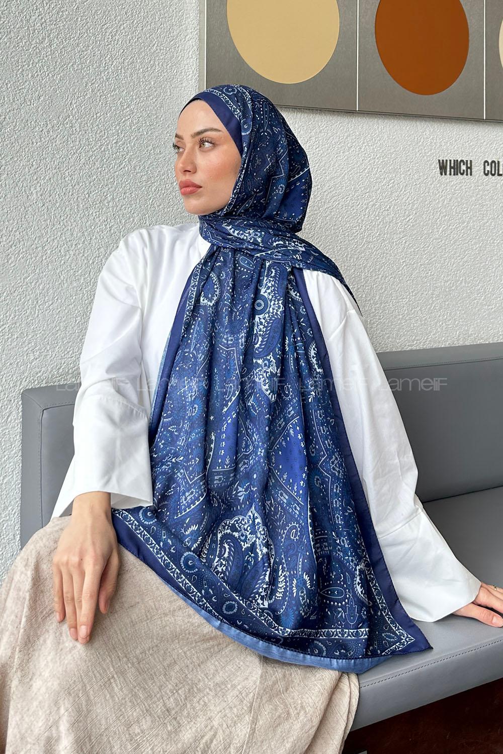 Lamelif Retro Desen Soft Şal İndigo