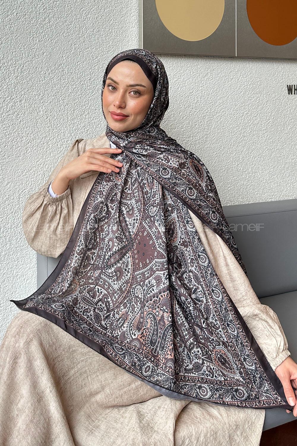 Lamelif Retro Desen Soft Şal Kahverengi Taş