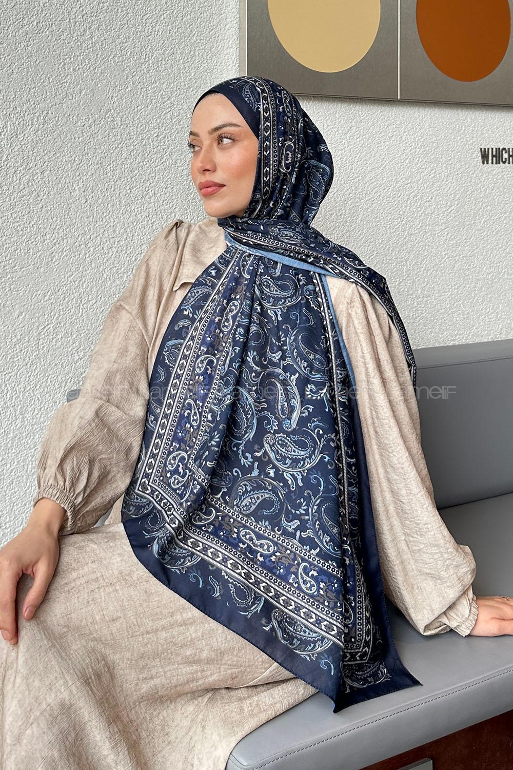 Lamelif Retro Desen Soft Şal Lacivert