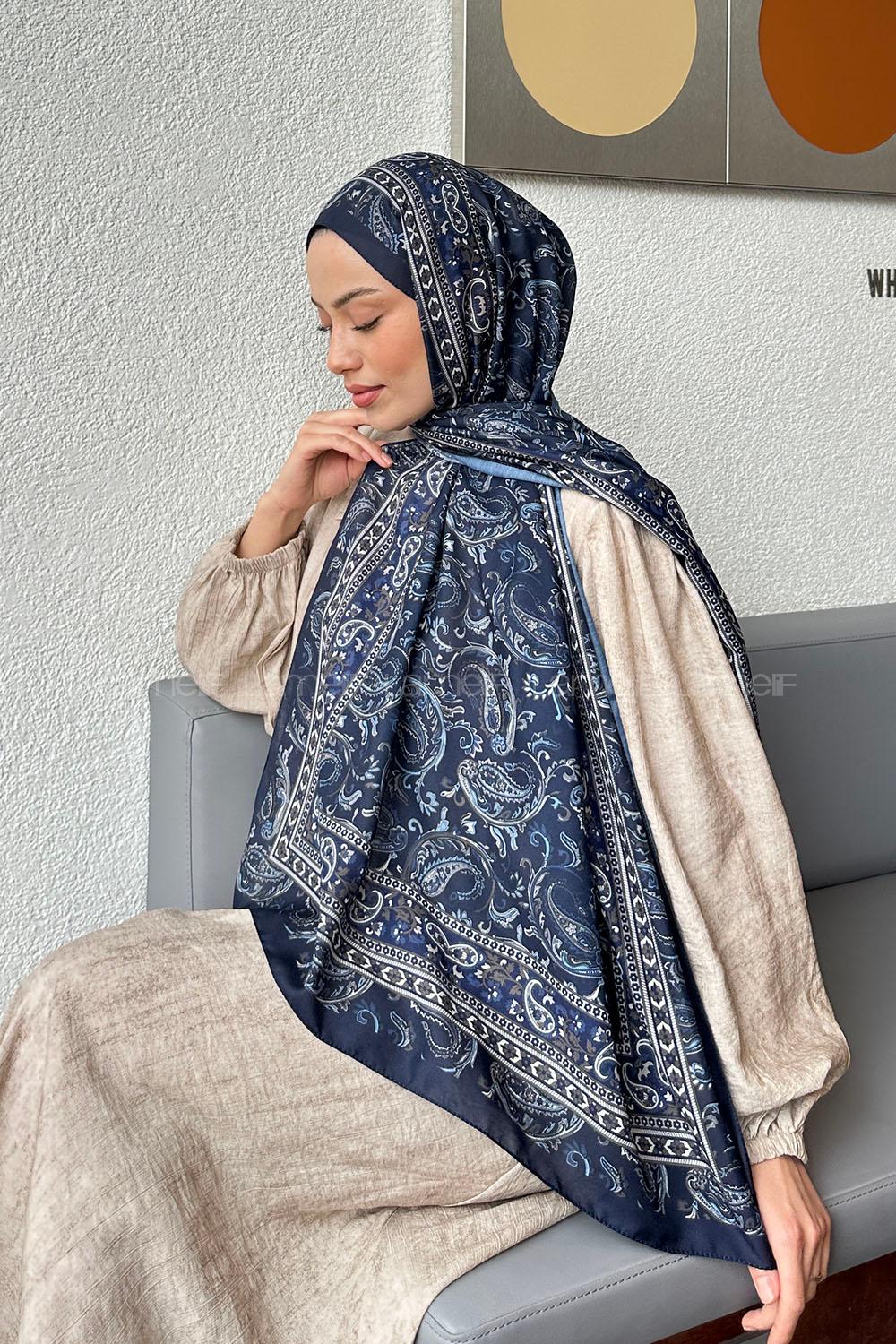 Lamelif Retro Desen Soft Şal Lacivert