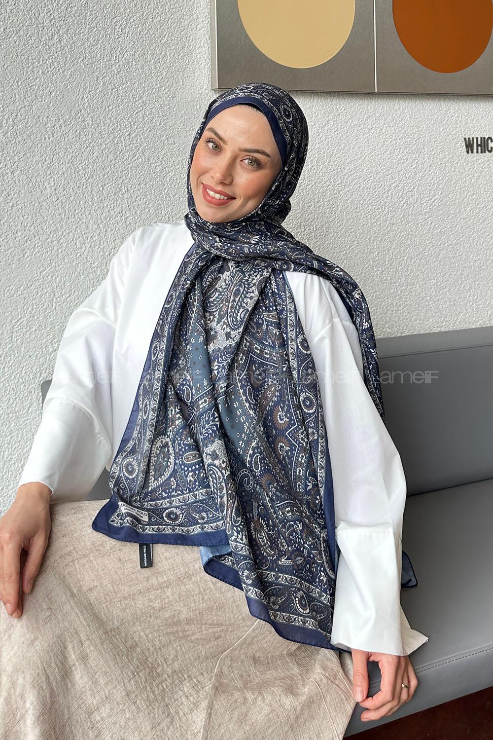 Lamelif Retro Desen Soft Şal Lacivert Ekru