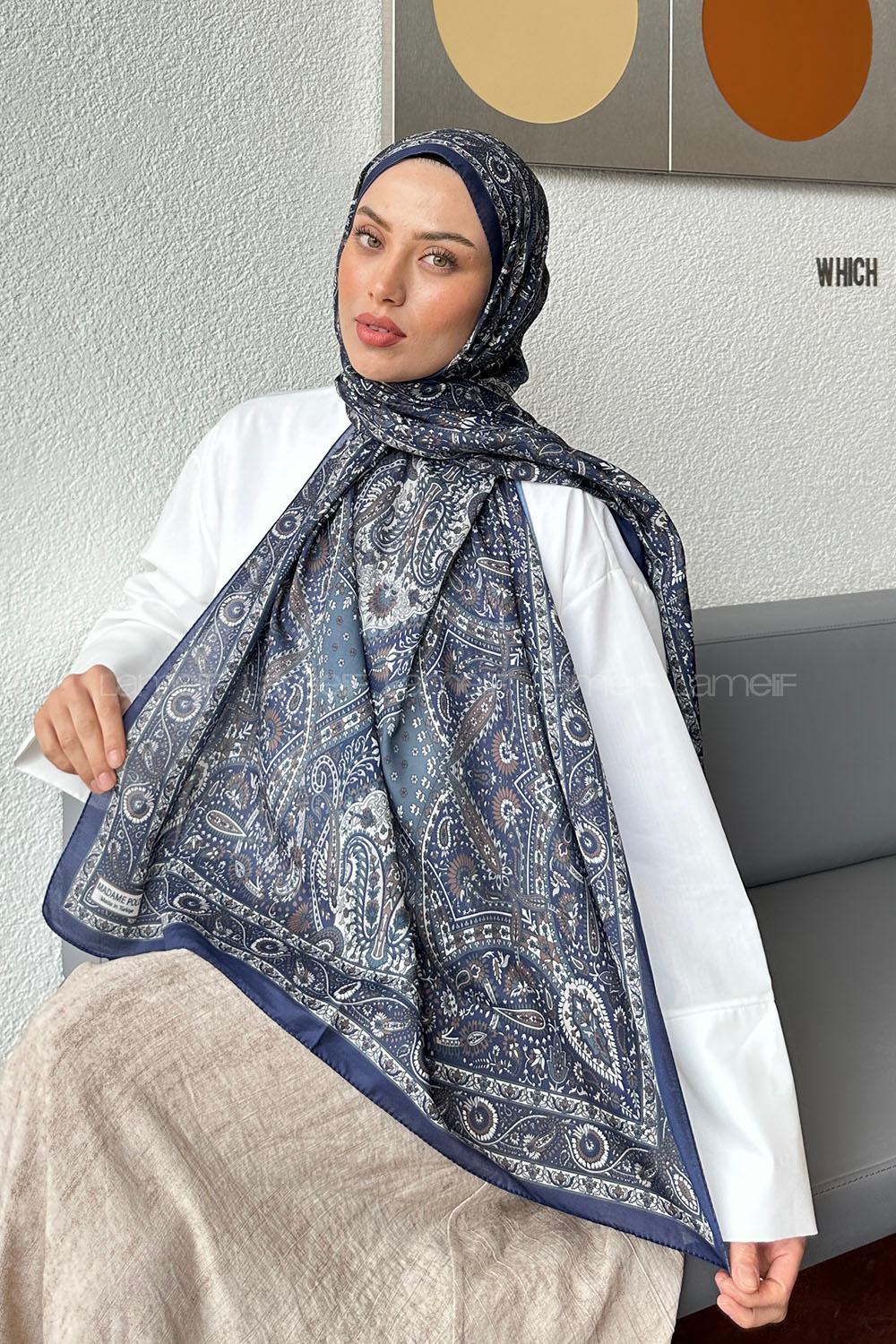 Lamelif Retro Desen Soft Şal Lacivert Ekru