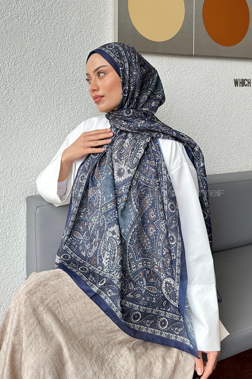 Lamelif Retro Desen Soft Şal Lacivert Ekru