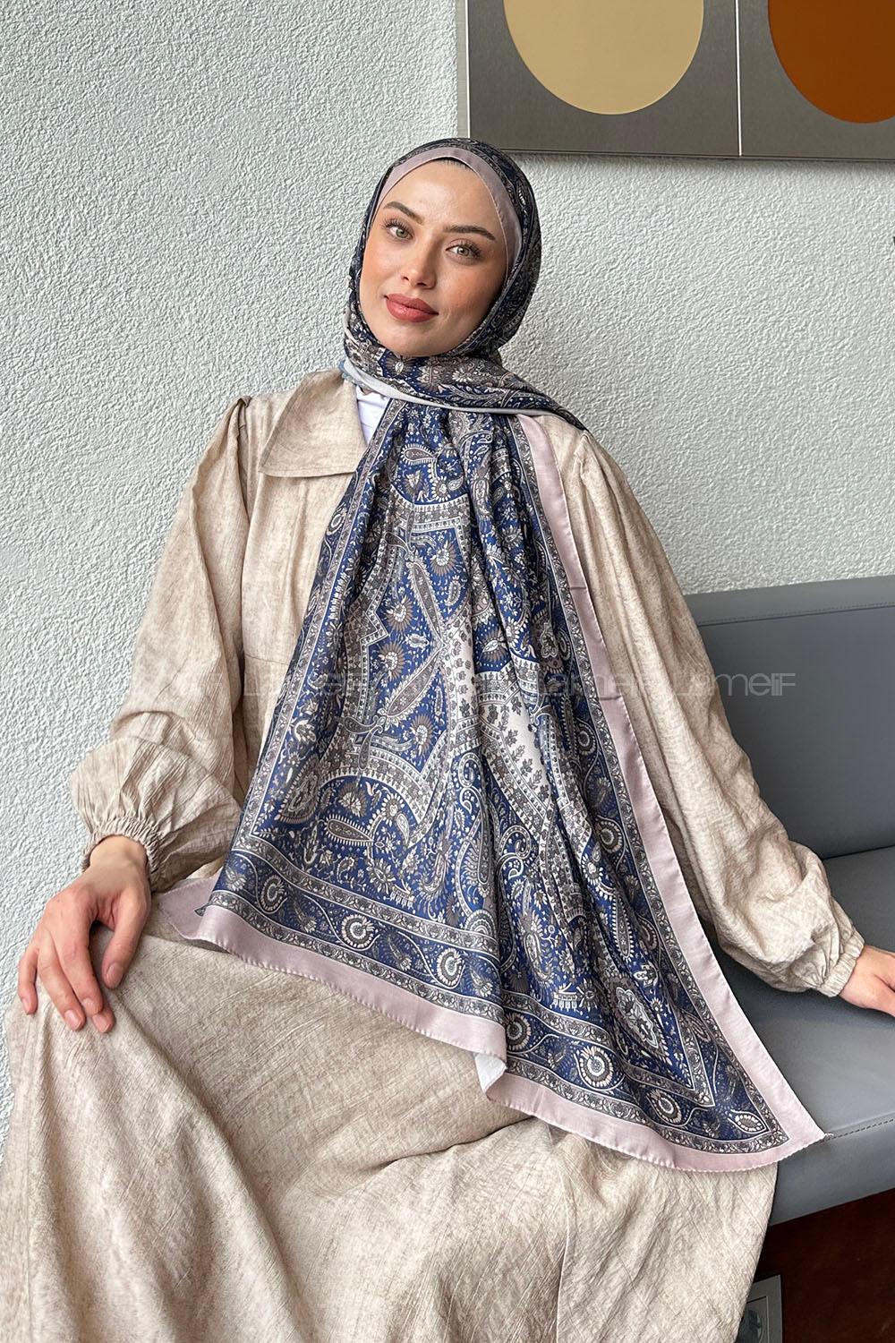 Lamelif Retro Desen Soft Şal Lacivert Vizon