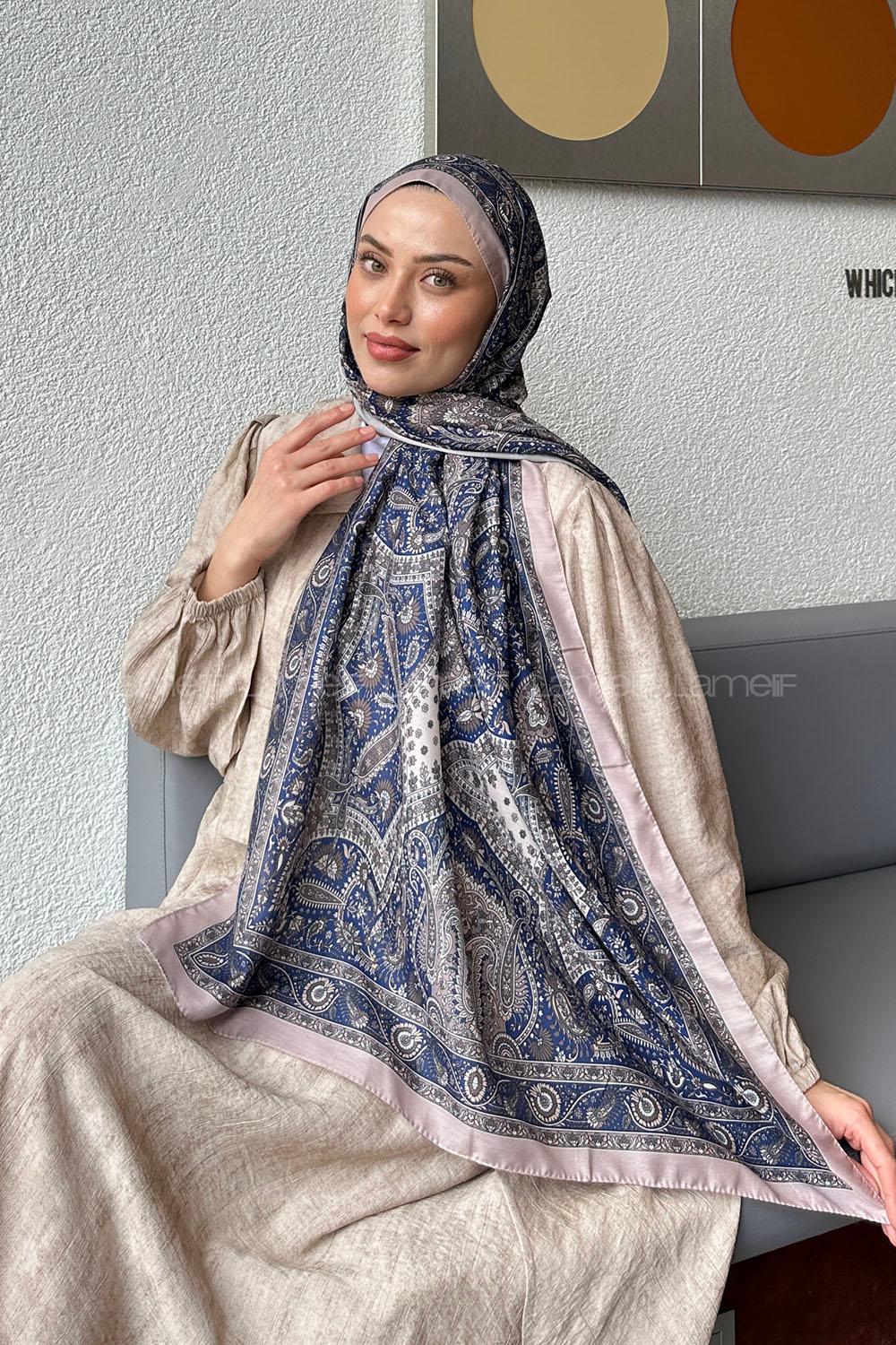 Lamelif Retro Desen Soft Şal Lacivert Vizon