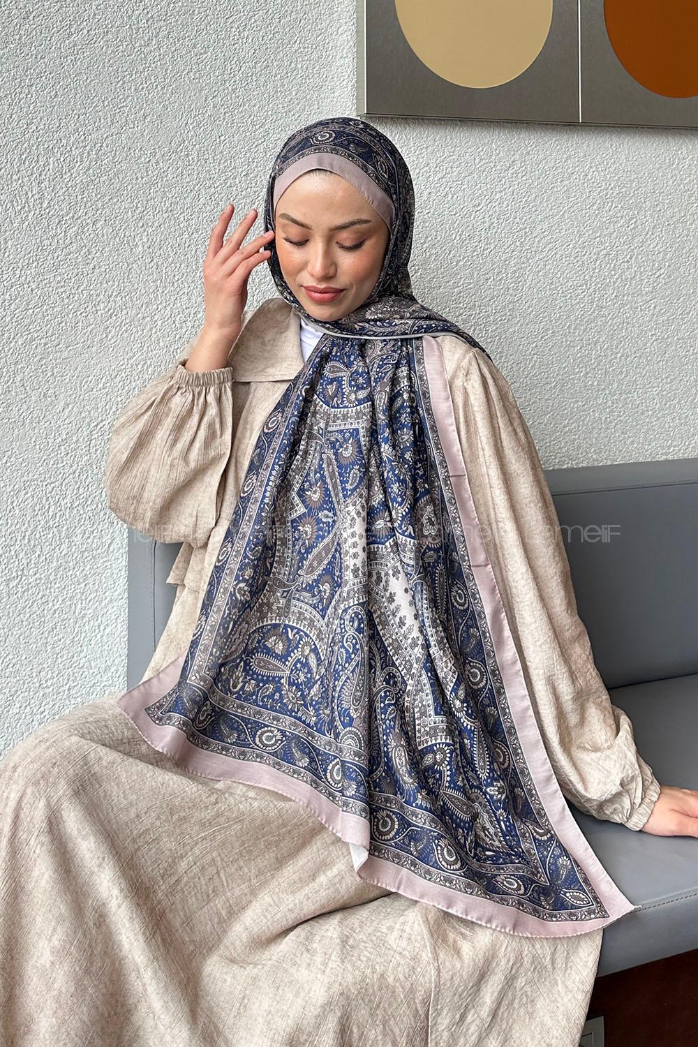 Lamelif Retro Desen Soft Şal Lacivert Vizon