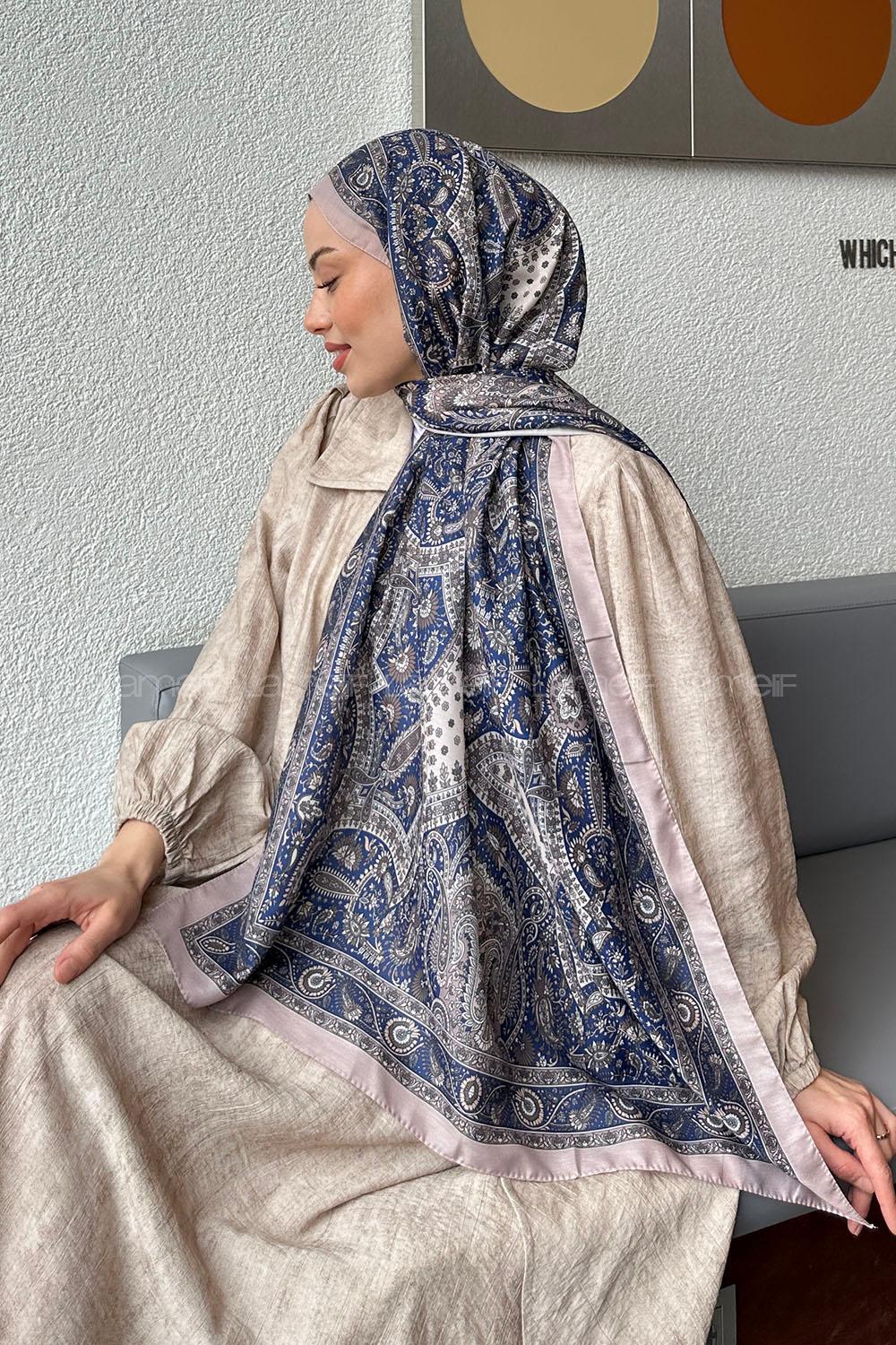 Lamelif Retro Desen Soft Şal Lacivert Vizon