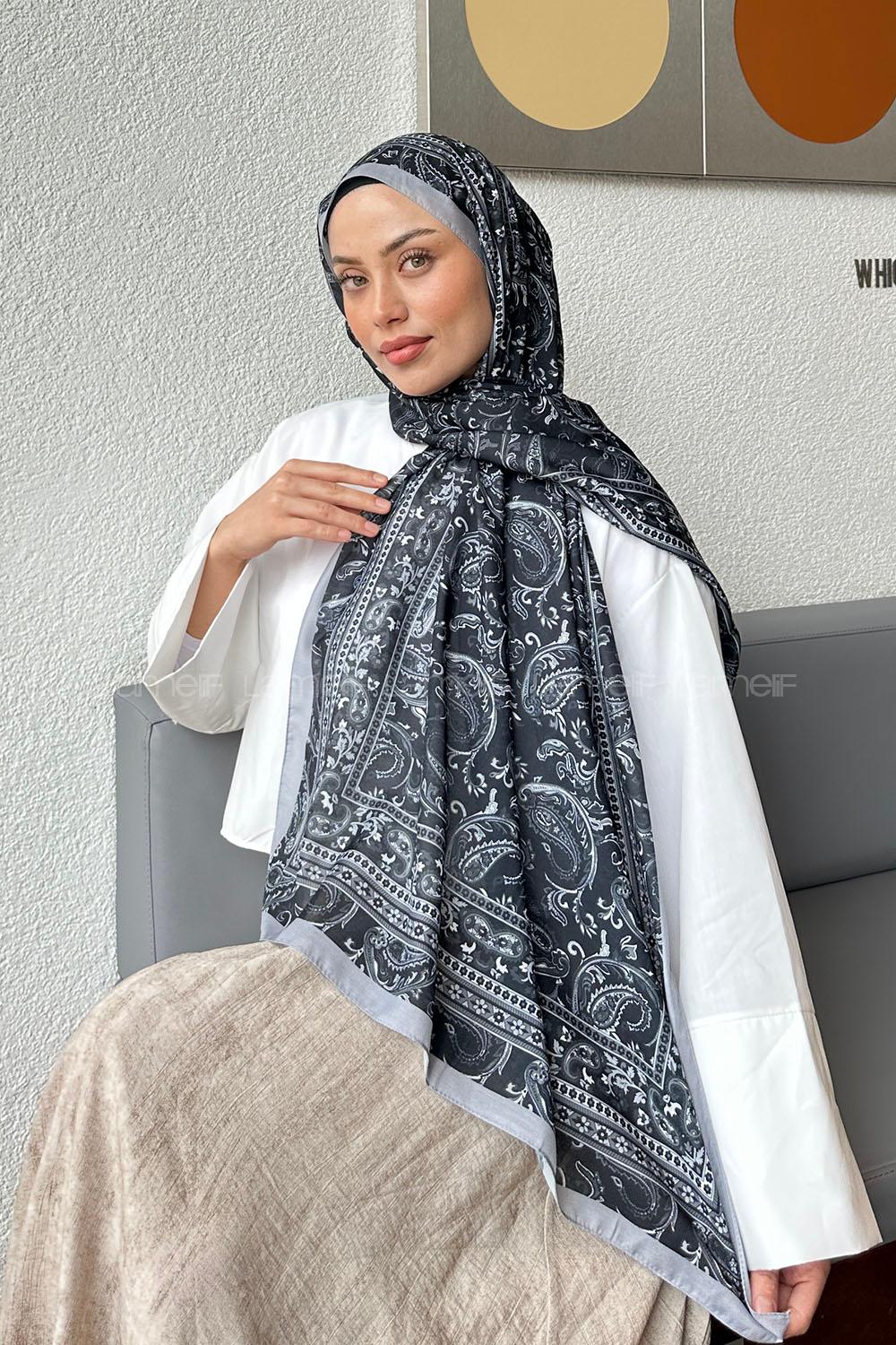 Lamelif Retro Desen Soft Şal Siyah Gri